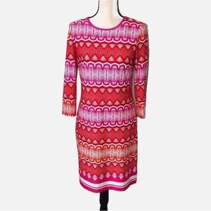 Eliza J Size 4 Dress Exposed Zipper Pink Orange Coral Red Striped Print 3/4 Slve